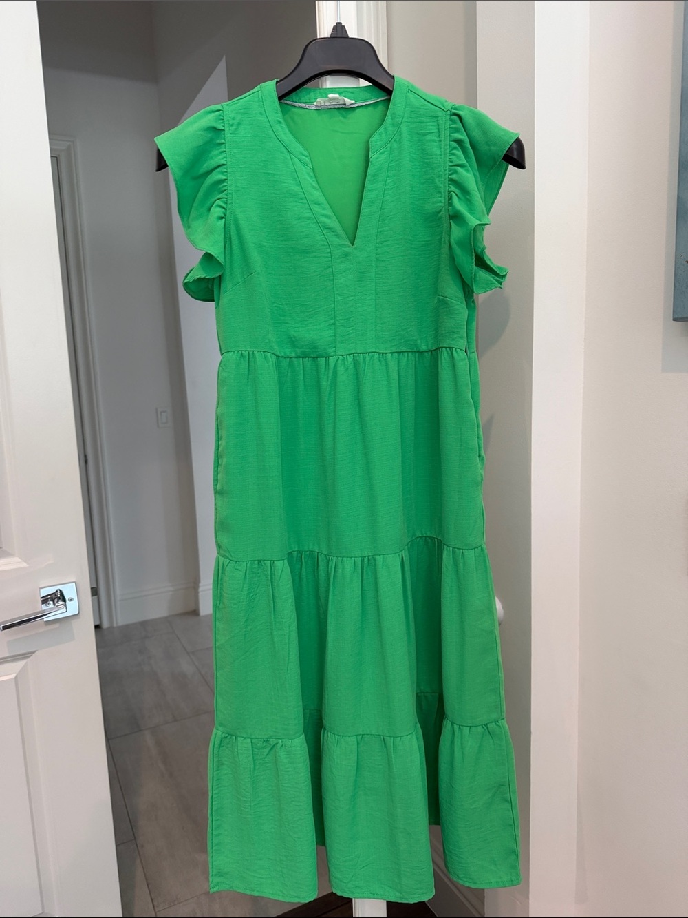THML Green Tiered Flutter Sleeve Midi Dress
